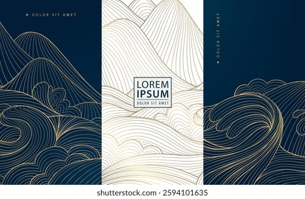 Vector wave line abstract background, modern art japanese pattern. Sea, ocean, desert, mountains landscape, luxury oriental covers.