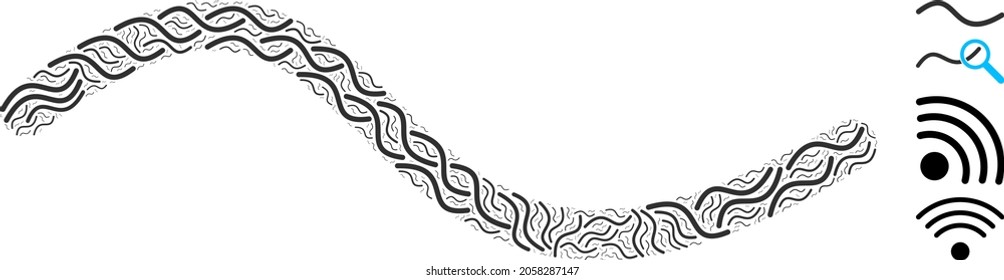 Vector wave line collage is done with repeating fractal wave line items. Fractal collage for wave line.