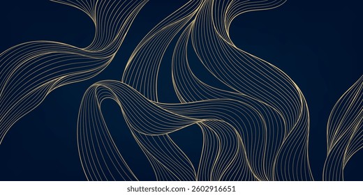 Vector wave line gold background, japanese abstract art texture. Sea, flow, river fancy curve graphic. 