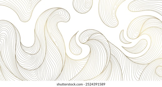 Vector wave line illustration, sea water pattern, curve graphic design element. Gold flow oriental ornament, japanese flow wallpaper