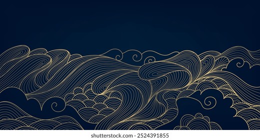 Vector wave line illustration, sea water pattern, curve graphic design element. Gold flow oriental ornament, japanese flow wallpaper