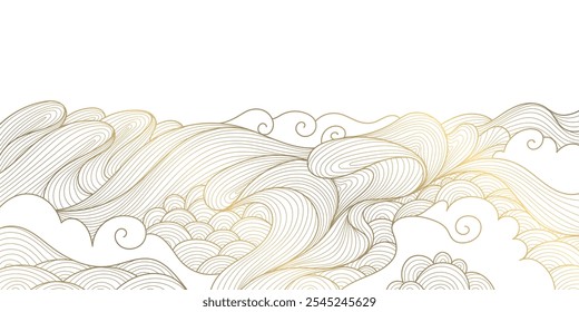 Vector wave line illustration, sea water pattern, curve graphic design element. Gold flow oriental ornament, japanese flow wallpaper