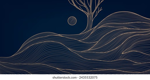 Paisaje de línea de onda vectorial con sol, luna y árbol. Fondo abstracto de la naturaleza de la colina, estilo japonés. Patrón de textura minimalista