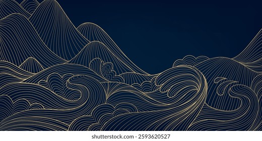 Vector wave line pattern, sea, mountains, hills art. Japanese nature illustration, china wallpaper, geometric curve wallpaper. Gold on blue