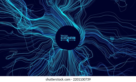 Vector Wave Lines Dynamic Flowing From Center. Blue Smooth Lines Background. Abstract Circle Frame. Vector Illustration.
