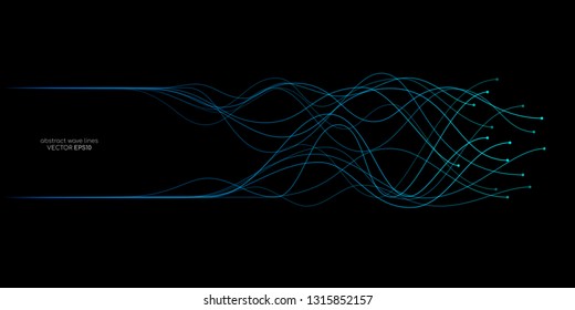 Vector wave lines flowing dynamic in blue green colors isolated on black background for concept of AI technology, music, sound