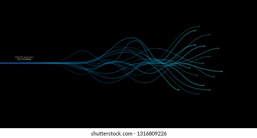 Vector Wave Lines Flowing Dynamic In Blue Green Colors Isolated On Black Background For Concept Of AI Technology, Music, Sound