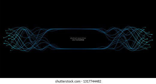 Vector wave lines flowing dynamic in blue green colors isolated on black background for concept of AI technology, music, sound