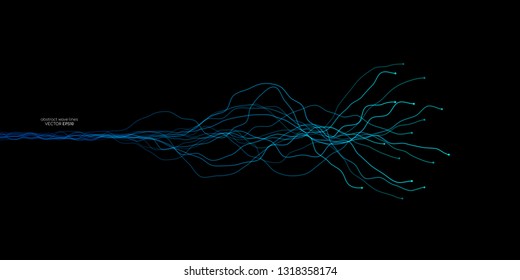 Vector wave lines flowing dynamic in blue green colors isolated on black background for concept of AI technology, music, sound