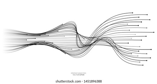 Vektorillustration-Wellenlinien, die in einer dynamischen schwarzen Farbe fließen, einzeln auf weißem Hintergrund für das Konzept der AI-Technik, der Digitaltechnik, der Kommunikation, der Wissenschaft, der Musik