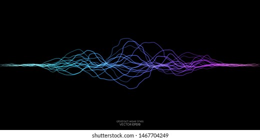 Vector wave lines flowing dynamic in purple violet blue green colors isolated on black background for concept of AI technology, music, sound, voice