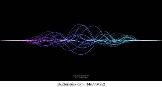 Vector wave lines flowing dynamic in purple violet blue green colors isolated on black background for concept of AI technology, music, sound, voice
