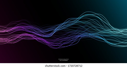 Vector wave lines flowing dynamic in colorful purple blue green isolated on black background for concept of AI technology, digital, communication, science, music