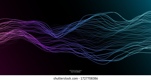 Vector wave lines flowing dynamic in colorful purple blue green isolated on black background for concept of AI technology, digital, communication, science, music