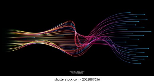 Vektor-Wellenlinien, die dynamisch, bunt, einzeln auf schwarzem Hintergrund fließend, für das Konzept der AI-Technologie, der Digitaltechnik, der Kommunikation, der Wissenschaft, der Musik