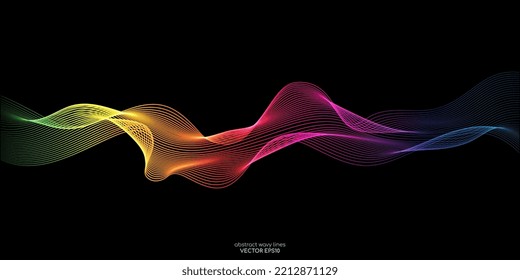 Vector wave lines flowing dynamic in colorful isolated on black background for concept of AI technology, digital, communication, science, music