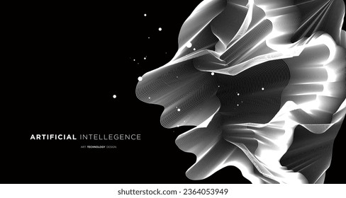 Vector wave lines flowing dynamic face in black and white isolated background for the concept of AI technology digital communication science music
