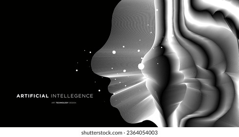 Vector wave lines flowing dynamic face in black and white isolated background for the concept of AI technology digital communication science music