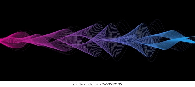 Vector wave lines flowing dynamic in purple violet blue green colors isolated on black background for concept of AI technology, music, sound, voice
