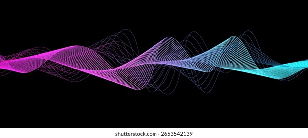 Vector wave lines flowing dynamic in purple violet blue green colors isolated on black background for concept of AI technology, music, sound, voice
