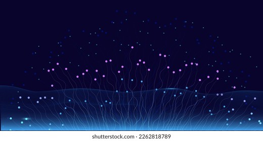 Vector wave lines flying in different directions from blue-green waves, on dark blue background to depict AI technology concept, digital, communication, science, underwater world, music. 