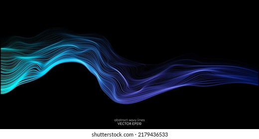 Vector wave lines smooth flowing dynamic blue green gradient light isolated on black background for concept of technology, digital, communication, science, music