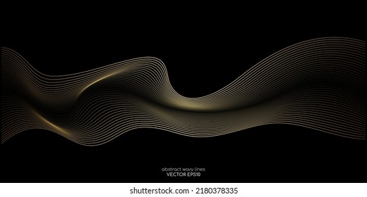 Vector wave lines smooth flowing dynamic gold gradient light isolated on black background for concept of luxury, technology, digital, communication, science, music