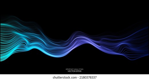 Vector wave lines smooth flowing dynamic blue green gradient light isolated on black background for concept of technology, digital, communication, science, music