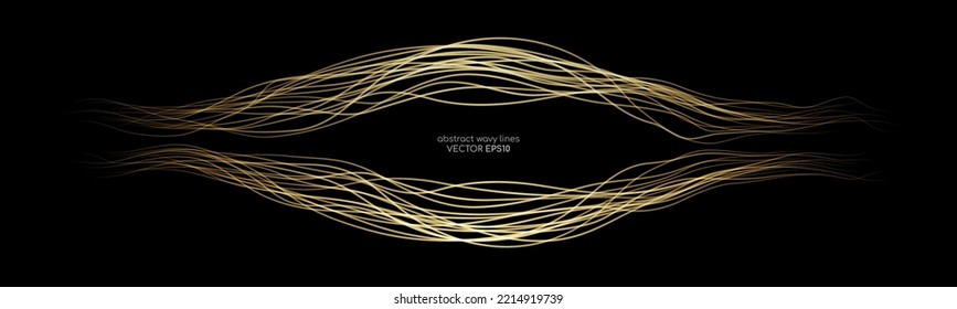 Vector wave lines smooth flowing dynamic gold gradient light isolated on black background for concept of luxury, technology, digital, communication, science, music