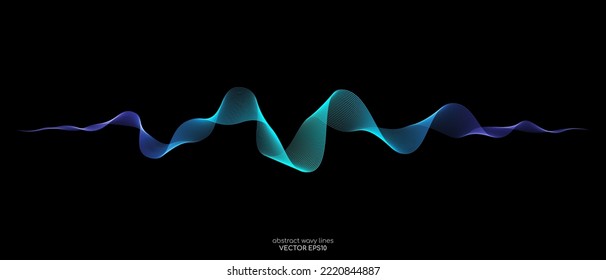 Vector wave lines smooth flowing dynamic blue green gradient light isolated on black background for concept of technology, digital, communication, science, music