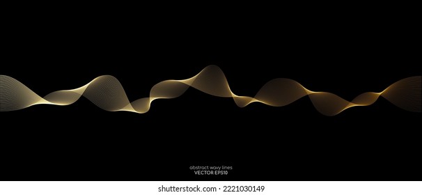 Vector wave lines smooth flowing dynamic gold gradient light isolated on black background for concept of luxury, technology, digital, communication, science, music