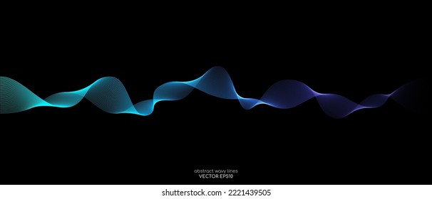 Vector wave lines smooth flowing dynamic blue green gradient light isolated on black background for concept of technology, digital, communication, science, music