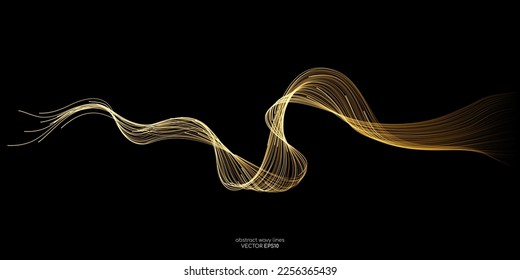 Vector wave lines smooth flowing dynamic gold gradient light isolated on black background for concept of luxury, technology, digital, communication, science, music