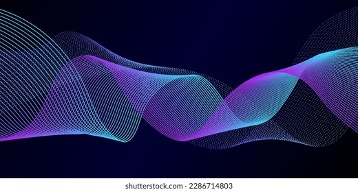 Líneas de onda vectorial que fluyen suavemente luz de gradiente azul dinámico aislado en el fondo negro para el concepto de tecnología, digital, comunicación, ciencia, música, IA