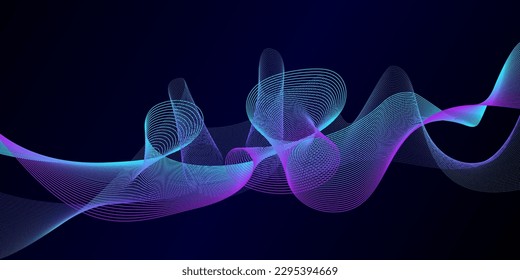 Vector wave lines smooth flowing dynamic blue gradient light isolated on black background for concept of technology, digital, communication, science, music, AI