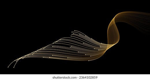 Vector wave lines smooth flowing dynamic gold gradient light isolated on black background for concept of luxury, technology, digital, communication, science, music