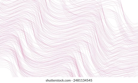 Vector wave lines smooth flowing dynamic pink gradient isolated on white background. Abstract pink color lines and white background. Technology digital particle wave motion on white background