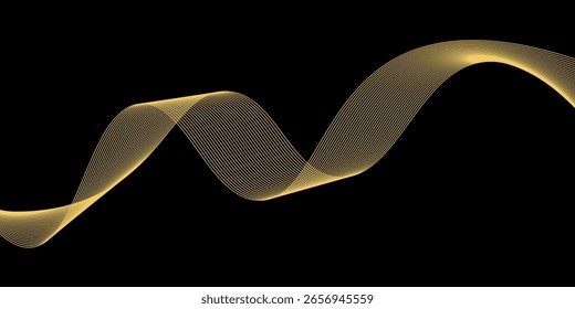 Vector wave lines smooth flowing dynamic gold gradient light isolated on black background for concept of luxury, technology, digital, communication, science, music, vector
