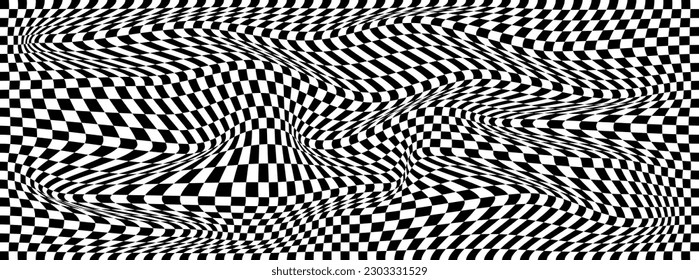 Vector wave with optical illusion with black and white cubes. Abstract geometric chess pattern. Psychedelic texture. Op art with monochrome background. Floor checkerboard.
