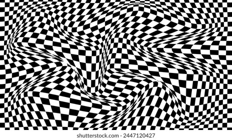 Vektorgrafik mit optischer Täuschung mit Schwarzweißwürfeln. Abstraktes geometrisches Schachmuster. Psychedelische Textur. Op Art mit monochromem Hintergrund. Bodenschachbrett.