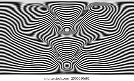 Vector wave with optical illusion with black and white lines. Abstract geometric wave pattern. Psychedelic texture. Op art with monochrome background. Floor striped.