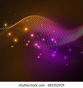 Vector wave particles background - 3D illuminated digital wave of glowing particles. Futuristic and technology vector illustration, HUD modern element