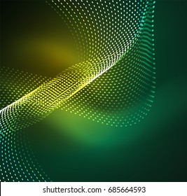 Vector wave particles background - 3D illuminated digital wave of glowing particles. Futuristic and technology vector illustration, HUD modern element