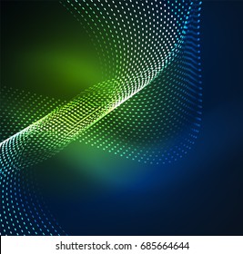 Vector wave particles background - 3D illuminated digital wave of glowing particles. Futuristic and technology vector illustration, HUD modern element