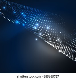 Vector wave particles background - 3D illuminated digital wave of glowing particles. Futuristic and technology vector illustration, HUD modern element