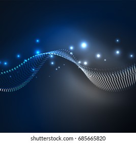 Vector wave particles background - 3D illuminated digital wave of glowing particles. Futuristic and technology vector illustration, HUD modern element