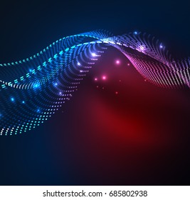 Vector wave particles background - 3D illuminated digital wave of glowing particles. Futuristic and technology vector illustration, HUD modern element