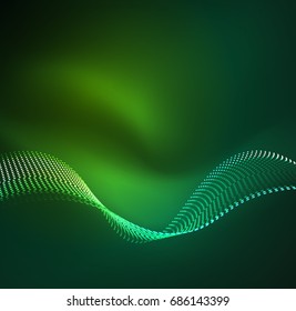 Vector wave particles background - 3D illuminated digital wave of glowing particles. Futuristic and technology vector illustration, HUD modern element