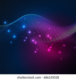 Vector wave particles background - 3D illuminated digital wave of glowing particles. Futuristic and technology vector illustration, HUD modern element
