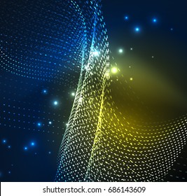 Vector wave particles background - 3D illuminated digital wave of glowing particles. Futuristic and technology vector illustration, HUD modern element